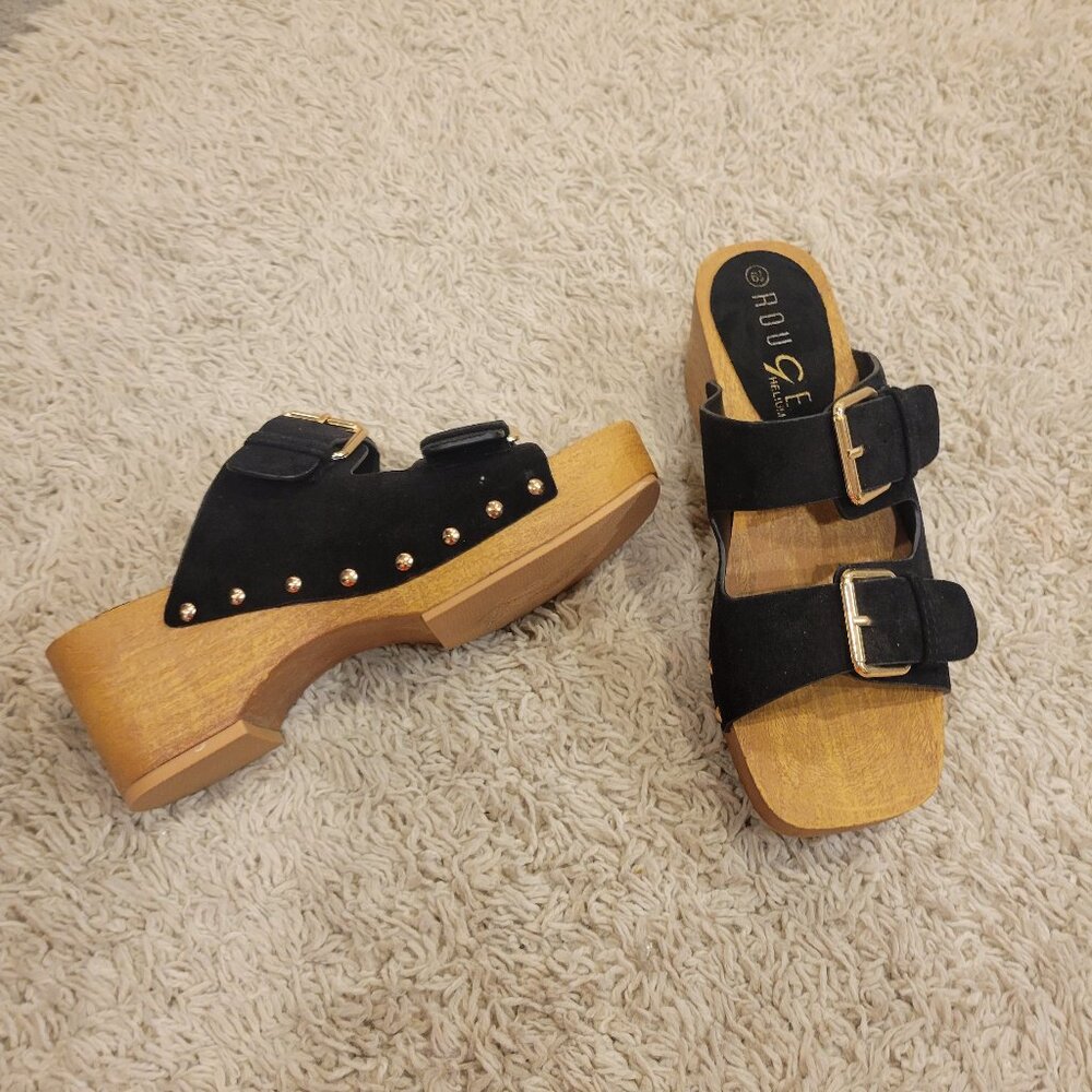 SOLD 👠New Black Wood Clog Wedge Platform Suede Buckle Sandal Shoe Slip On Sl💃 - Picture 2 of 10